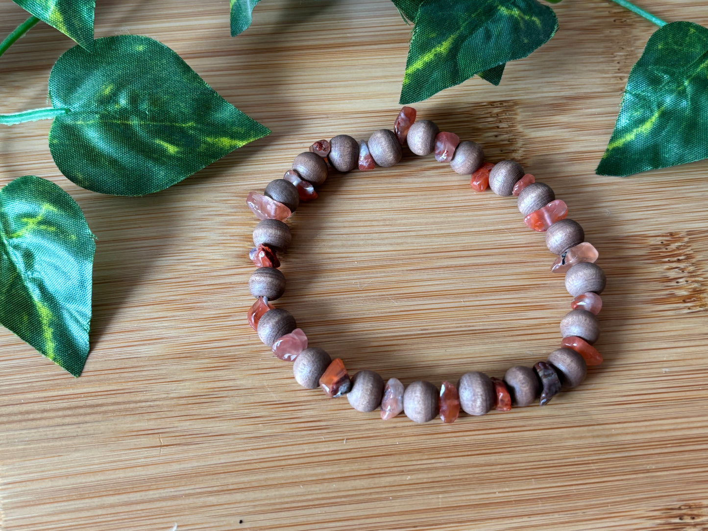 Red Agate & Natural Wood Bracelet