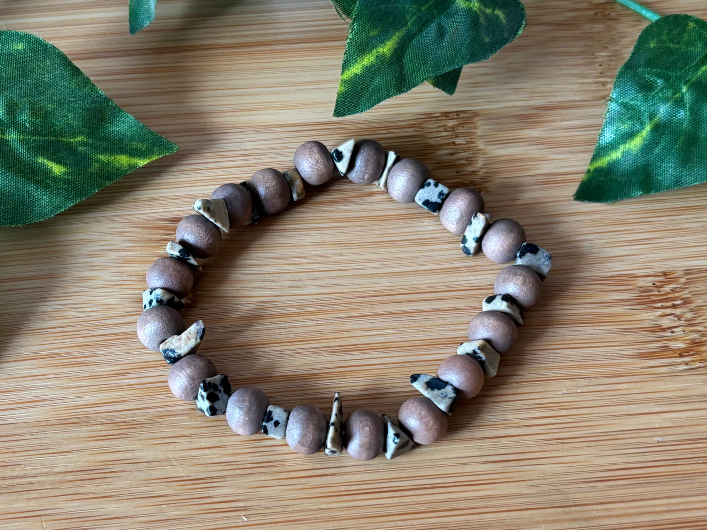 Dalmatian Jasper & Natural Wood Bracelet